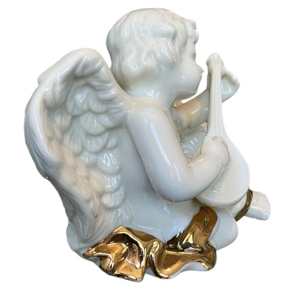 VTG Porcelain White Cherub Angel 24K Gold Sash Playing Harp Sculpture/ Figurine - Picture 8 of 14